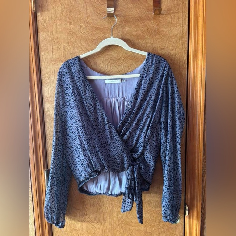 Mustard Seed Blue Wrap Blouse Long Sleeve Tie Front